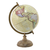 Antik sárga alapszínű, vintage stílusú dekor földgömb, mangófa talapzaton.